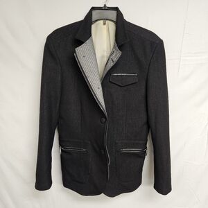RNT23 Black Tonal Striped Poly Stretch Zip Blazer Jacket Sport Coat 36
